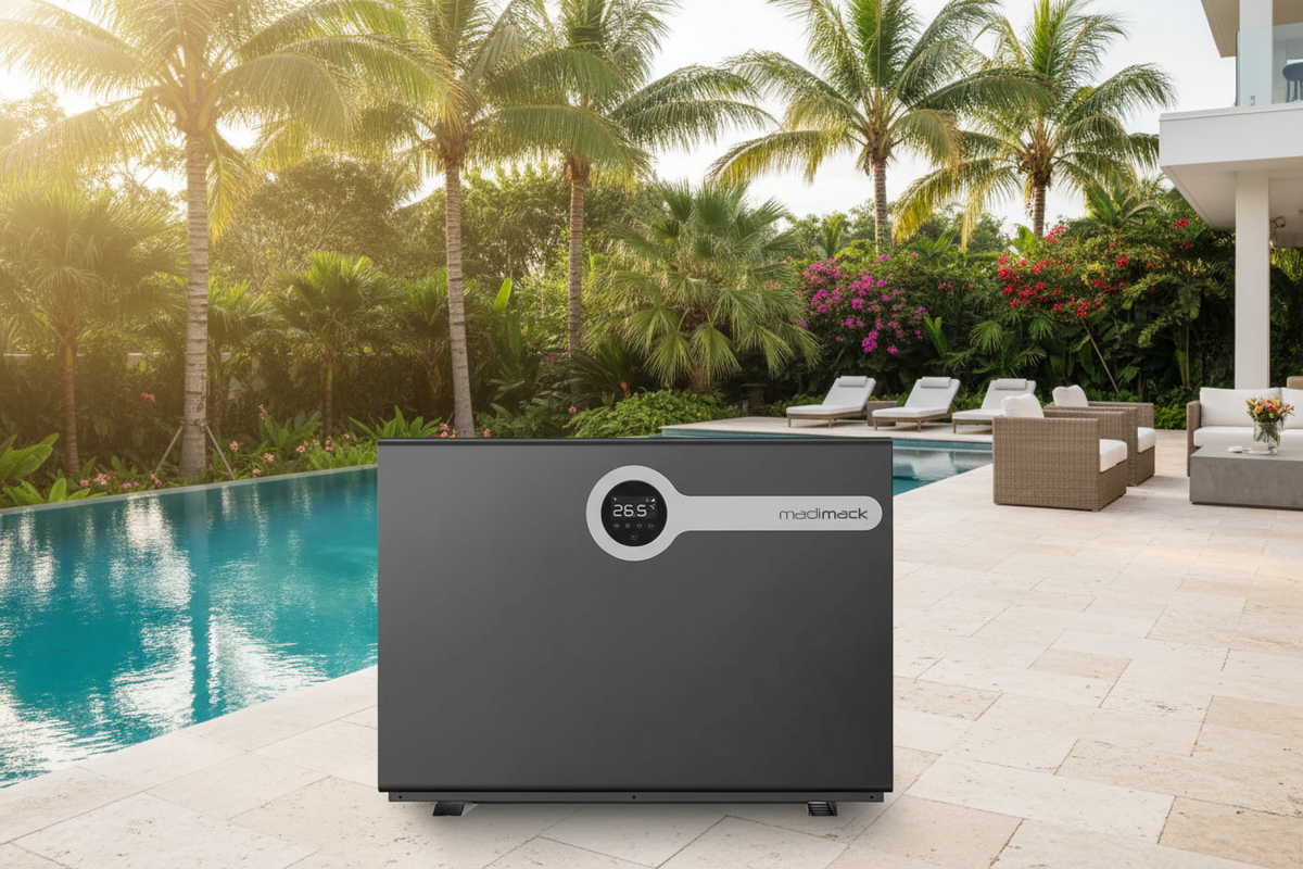 A Madimack inverELITE pool heater, featuring a circular digital display showing 26.5 with a pool and palm trees in the background.