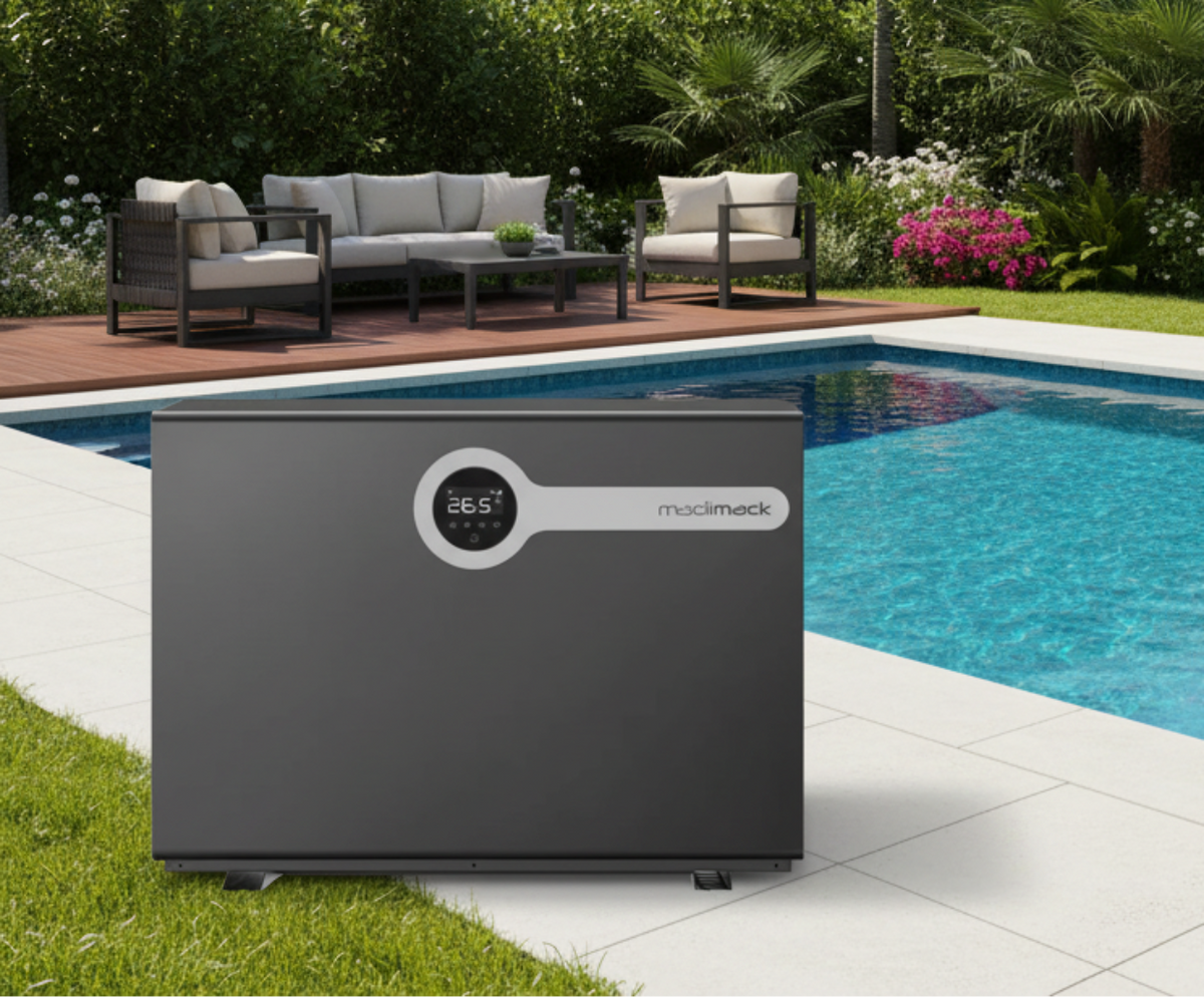 A matte black InverELITE, rectangular pool heater, featuring a circular digital display showing 26.5 and a horizontal light gray accent bar with the brand name 'Madimack' printed in white.