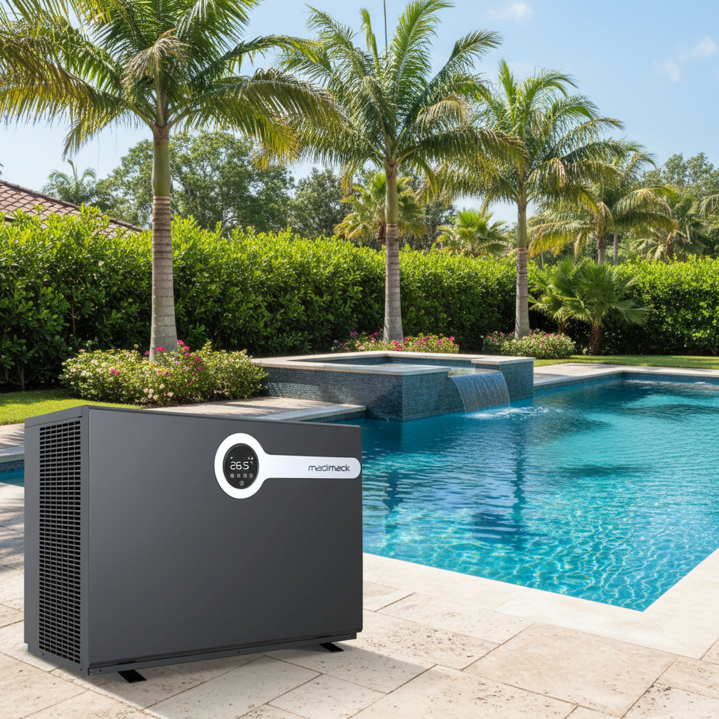 A black Madimack inverELITE pool heater with a digital temperature display on the front, set against a pool background with lush palm trees.