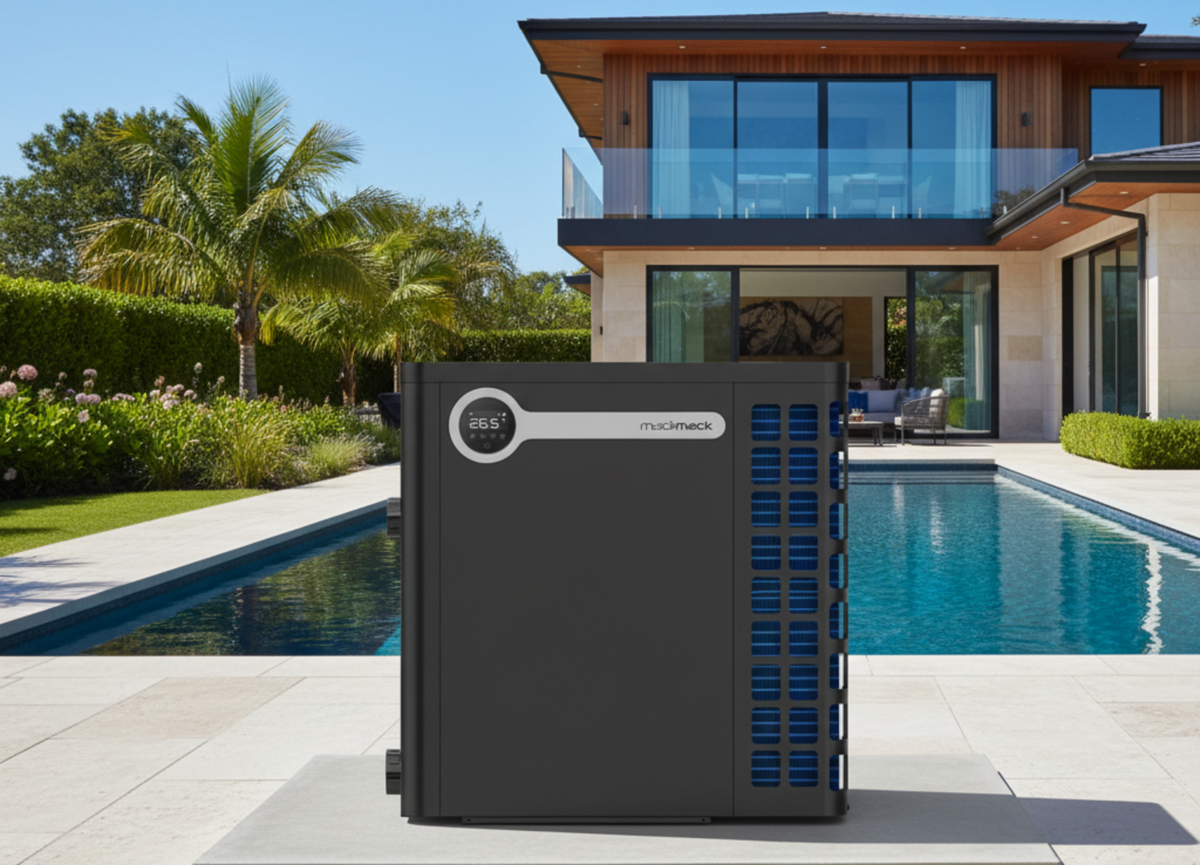 A black and gray MadiMack pool heater or heat pump unit shown from a front angle, featuring a digital temperature display on the upper left and blue cooling vents on the right side.