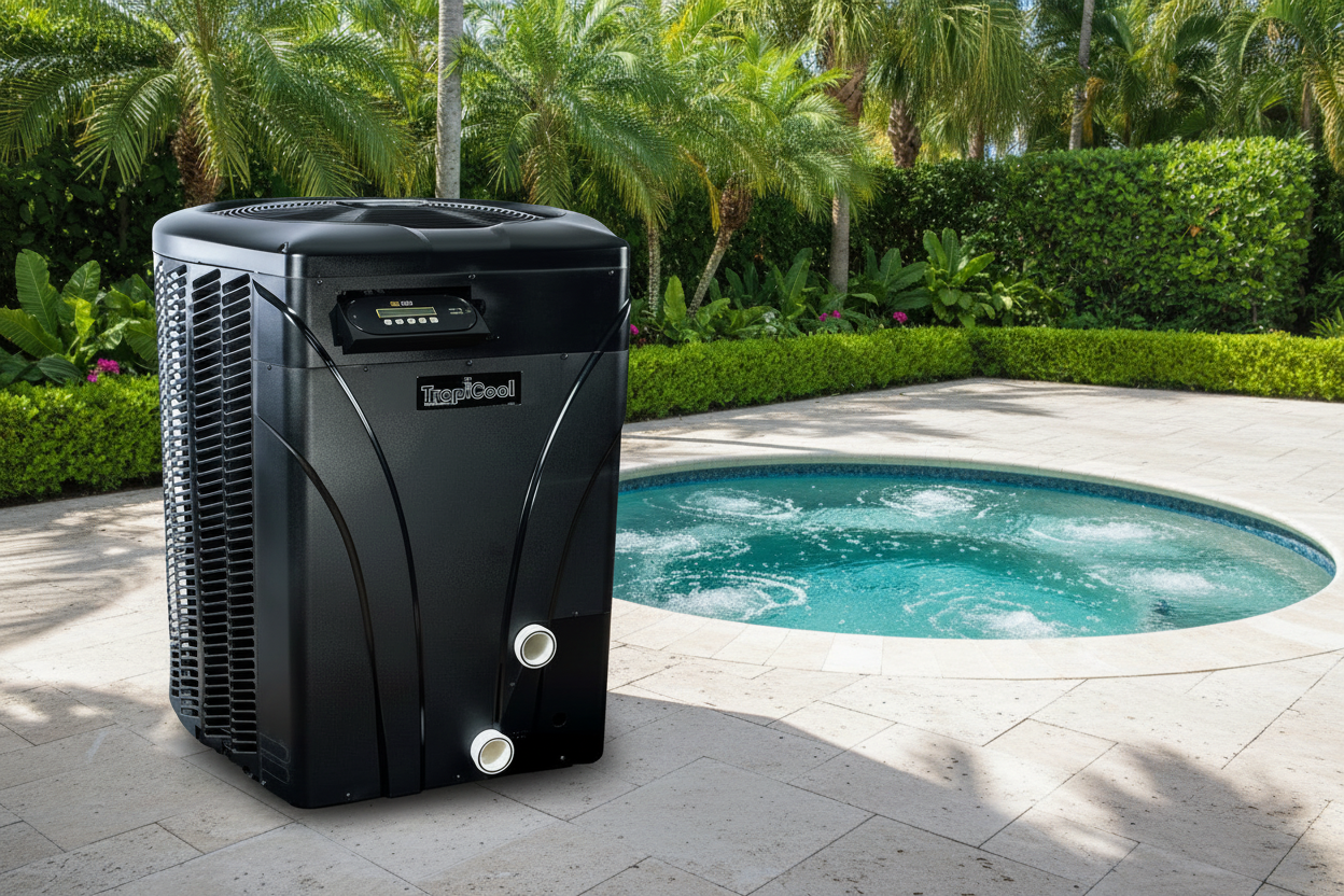 Black pool chiller on a patio with a spa and greenery in the background