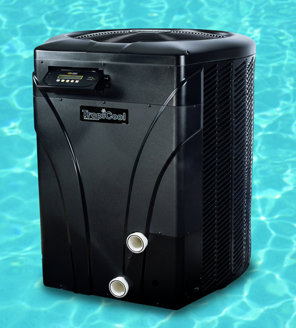 Black pool heater with 'TropiCool' branding against a blue water background