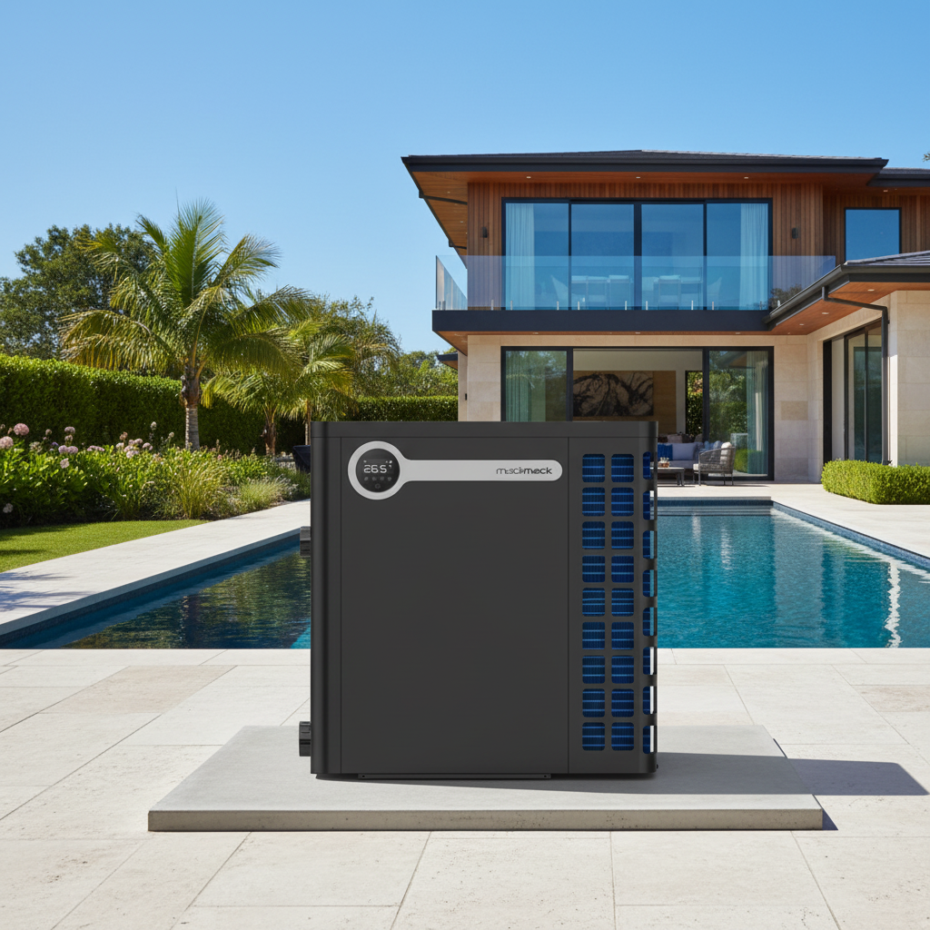 A black and gray MadMack water heater or heat pump unit shown from a front-three-quarter angle, featuring a digital temperature display on the upper left and blue cooling vents on the right side.