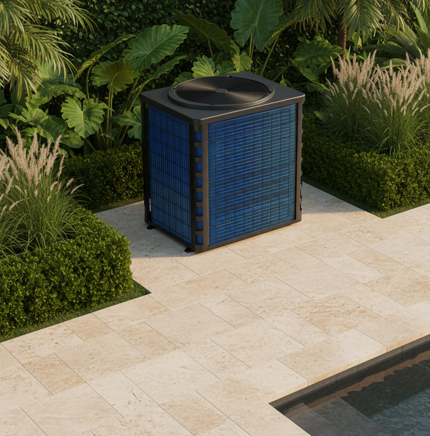 A compact heat pump with a black metal housing, a circular fan on top, and large blue condenser coils on two front panels.