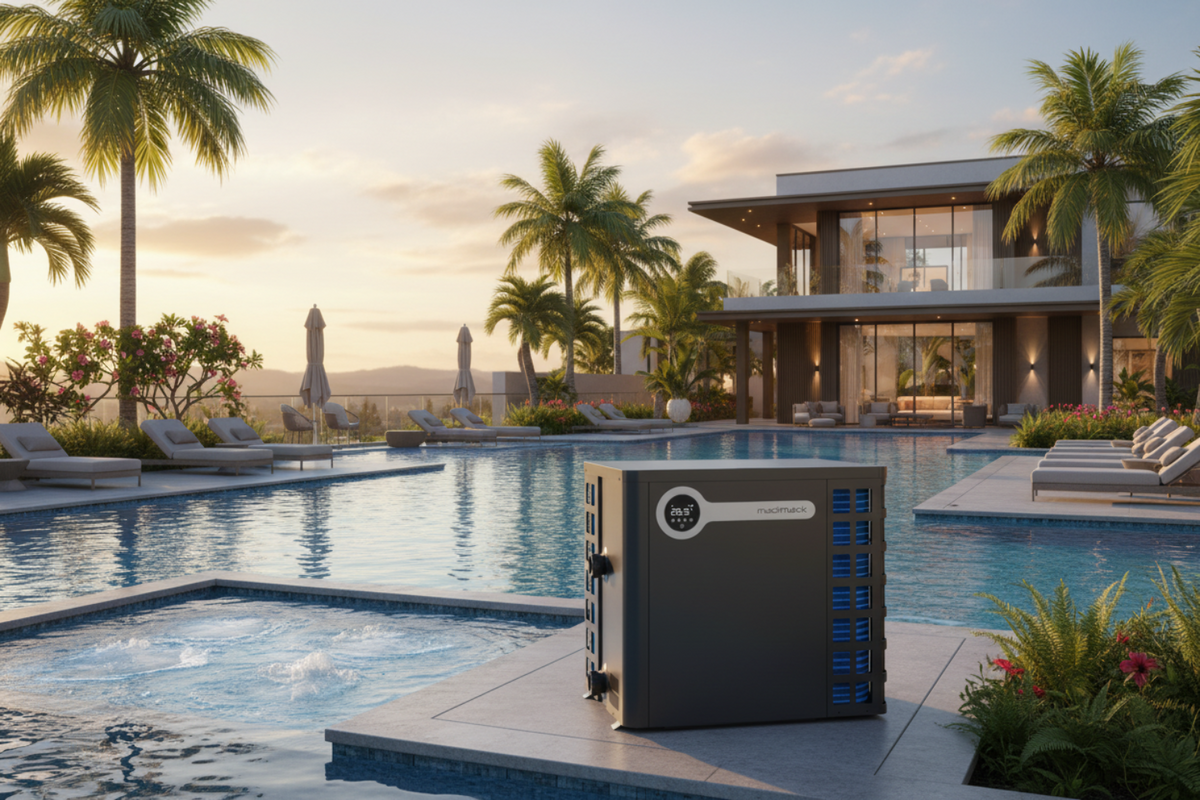 A black MadiMack pool heater with a digital display showing 26.5 degrees, featuring blue-lit ventilation grates on the sides, shown with a luxurious pool background.