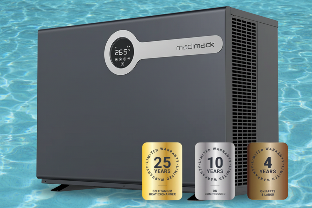 A dark gray Madimack inverELITE pool heat pump on water background, with three warranty badge graphics at the bottom representing 25 years, 10 years, and 4 years coverage.